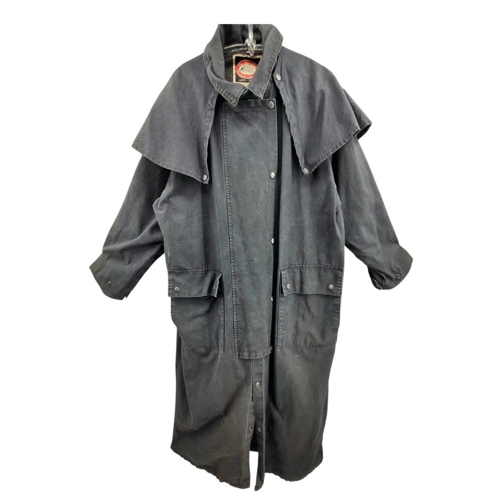 Vintage Australian Outback Black Oilskin Drover Duster Waxed Cotton Cowboy